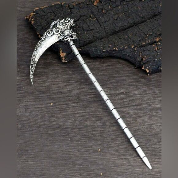 Goth Hair Pin, Vintage Inspired Scythe Silver Tone, Engraved Details & S… - Picture 2 of 2